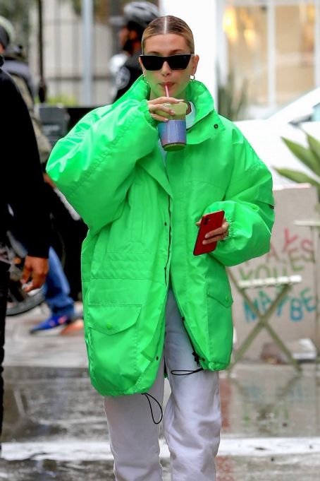 Hailey Bieber In a green oversized jacket at Cha Cha Matcha in