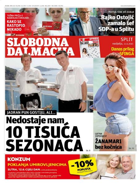 Zanamari Lalic, Slobodna Dalmacija Magazine 11 June 2017 Cover Photo ...