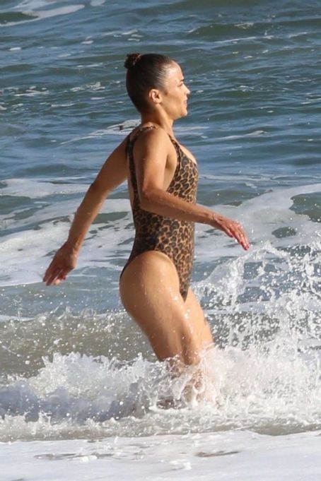 Paula Patton in Animal Print Swimsuit on Malibu Beach