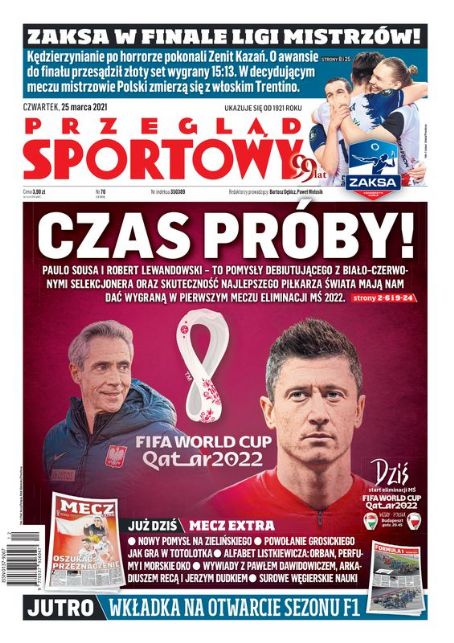 Robert Lewandowski Paulo Sousa Przeglad Sportowy Magazine 25 March 2021 Cover Photo Poland