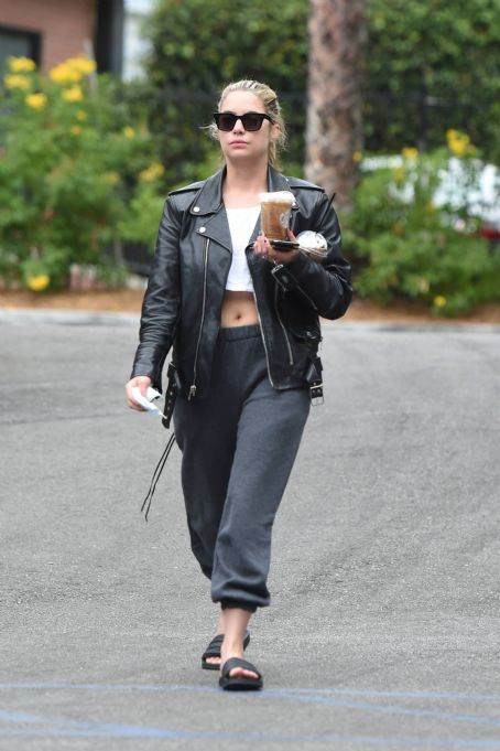 Ashley Benson – In a black leather jacket in Los Angeles - FamousFix