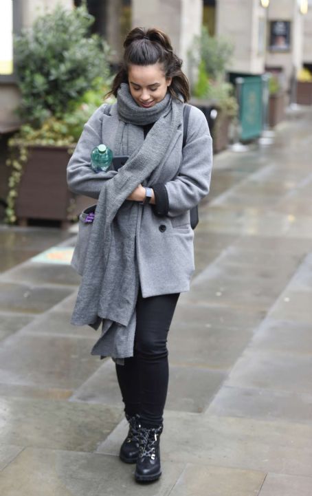 Georgia May Foote in Grey Coat – Out and about in Manchester