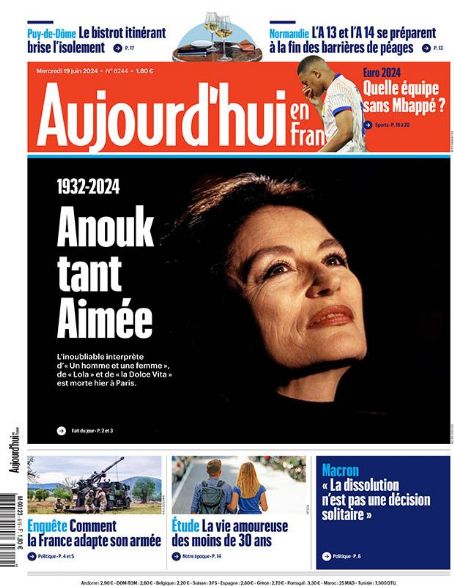 Anouk Aimée - Aujourd’hui en France Magazine Cover [France] (19 June 2024)