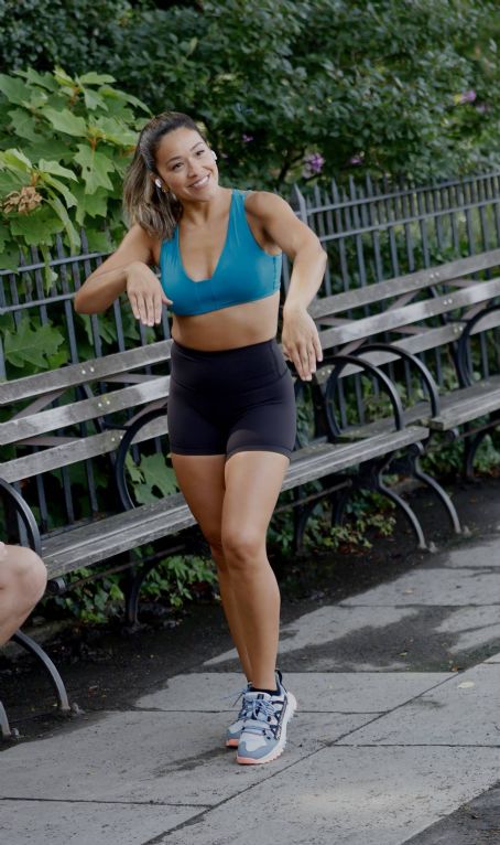 gina rodriguez seen filming a jogging scene with tom ellis for