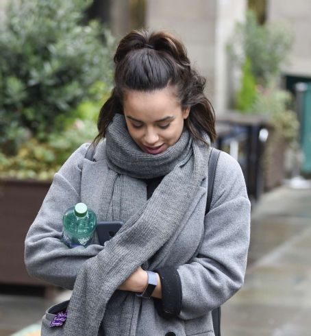 Georgia May Foote in Grey Coat – Out and about in Manchester