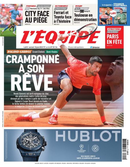 Novak Djokovic, L'equipe Magazine 10 June 2023 Cover Photo - France